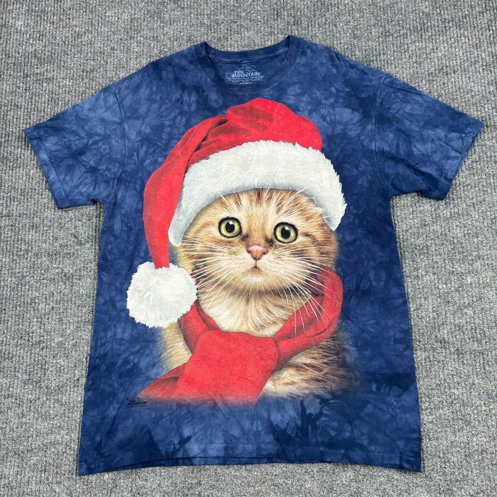 The Mountain Mens Christmas Santa Cat T Shirt Large Blue Tie Dye Graphic Tee